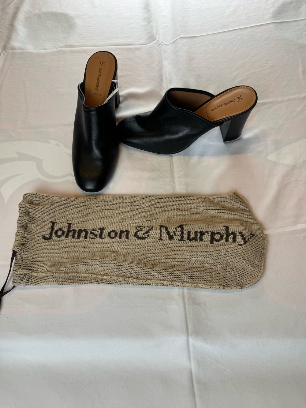 Johnston & Murphy Black Leather Mule Heels NWT TruFoam Block Heel Slip On